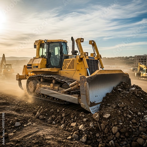 Yellow bulldozer pushing dirt at a construction site.