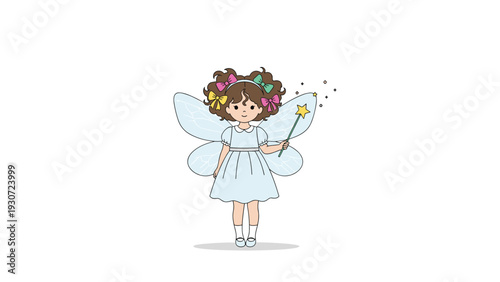 Little girl dressed in a light blue fairy costume with wings holds a star-tipped magic wand, ready to grant a special wish.