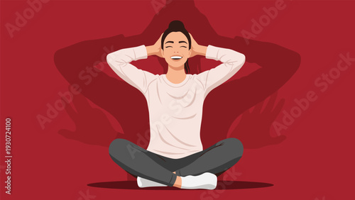 Happy young woman sitting cross-legged in a meditation pose with hands behind her head against a red backdrop.