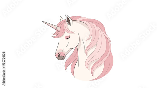 Graceful unicorn head with a long pink mane and a golden horn looking down with its eyes closed in profile.