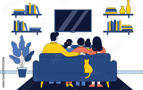 Family watching television together on sofa in living room with cat flat vector illustration for movie night and home entertainment concepts.