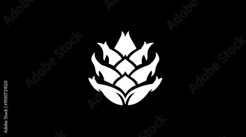 A symmetrical, white stylized floral or bud design on a solid black background