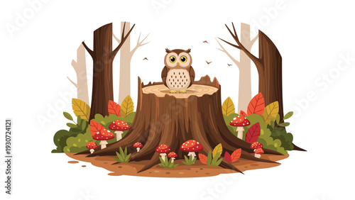 Wise owl perched on a tree stump in a lush autumn forest surrounded by colorful mushrooms and fallen leaves.