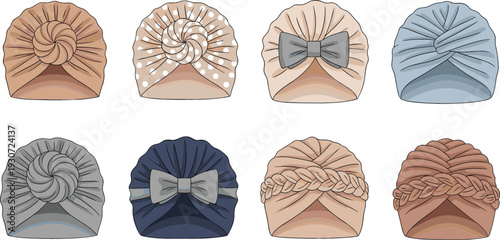 Set of stylish baby turbans and infant headwraps featuring decorative knots bows and braided details in soft neutral tones for newborn fashion.