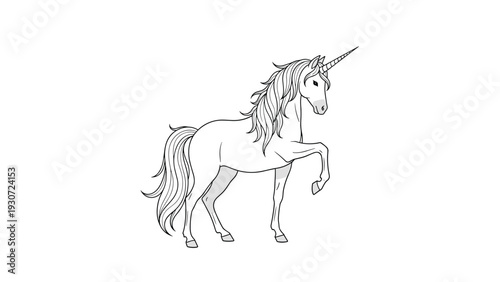 Majestic white unicorn with a flowing mane and tail standing gracefully with one front hoof raised in the air.