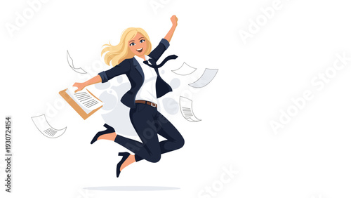 Joyful blonde businesswoman in a suit jumping high with a clipboard while papers fly around in the background.