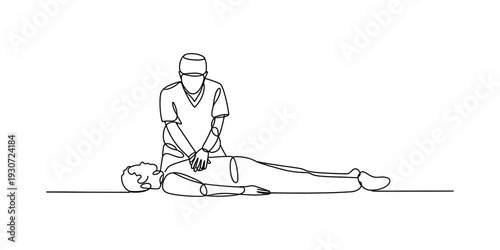 Continuous line drawing of a doctor performing cpr on a patient lying on the ground Vector, illustration