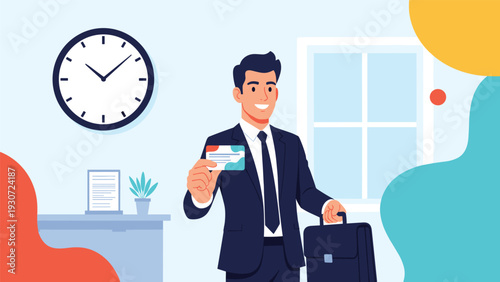 Successful businessman in a suit standing in an office and holding out his business card while holding a bag.