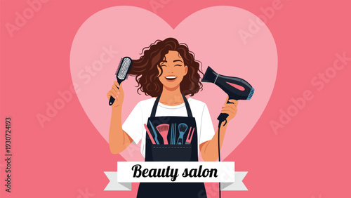Cheerful female hairdresser in a salon apron holding a brush and blow dryer against a pink heart background.
