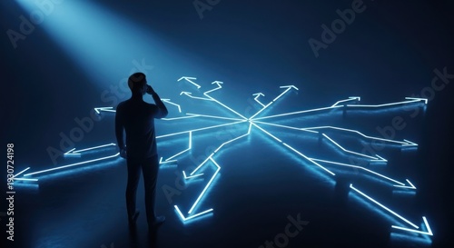 Man contemplating directional arrows amidst light symbolizing choice