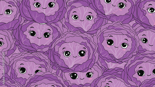 Adorable seamless pattern background featuring many purple cabbage characters with cute smiling faces and big eyes.