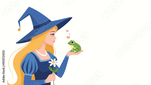 Beautiful witch with long blonde hair and a blue dress holding a small green frog while smiling on a white background.