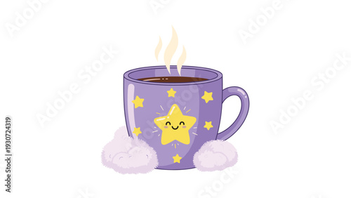 Whimsical illustration of a purple coffee mug decorated with a smiling star sitting on soft lavender clouds with steam.