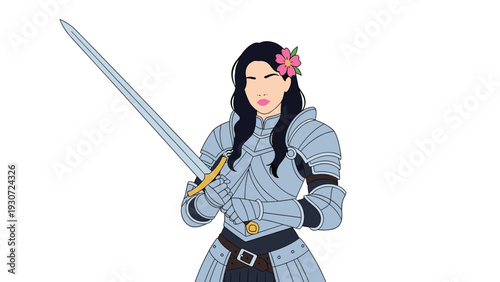 Strong female warrior wearing polished silver plate armor with a pink flower in her hair holding a long steel sword.