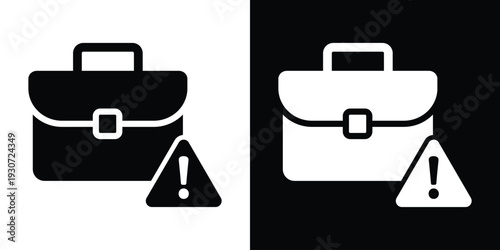 Professional briefcase icon with a warning triangle and exclamation mark. Business risk, portfolio error, and financial alert concept. Minimalist black and white vector symbol.