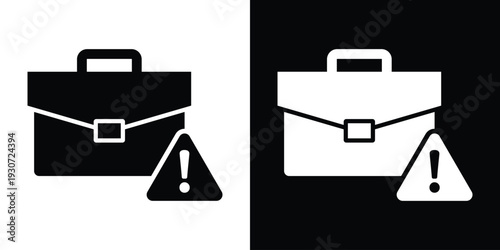 Professional briefcase icon with a warning triangle and exclamation mark. Business risk, portfolio error, and financial alert concept. Minimalist black and white vector symbol.