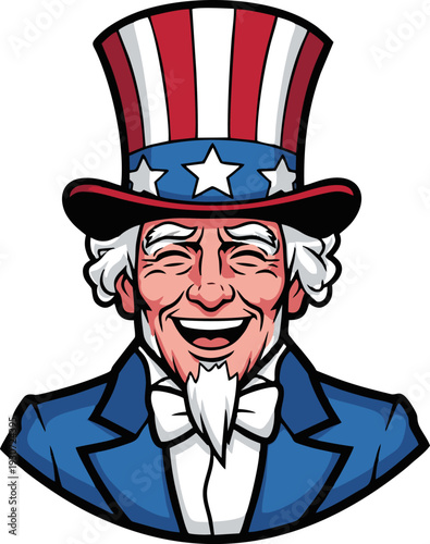 Smiling Uncle Sam Cartoon Character with Patriotic Hat and Goatee.