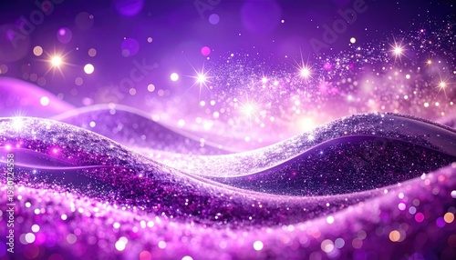 Ethereal purple waves cascade with glittering stars, creating a dreamy and magical abstract landscape scene