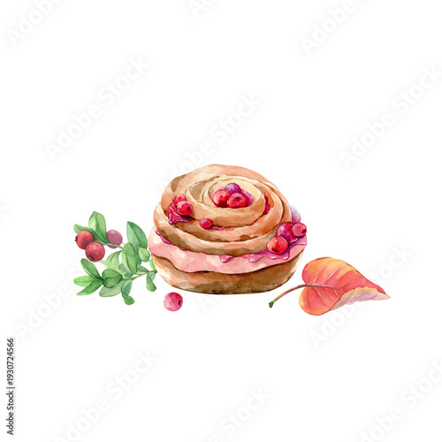 Freshly baked spiral bun with red berries. Watercolor.
