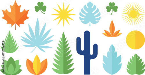 Abstract nature elements flat vector illustration set with leaves sun cactus and floral shapes in modern style