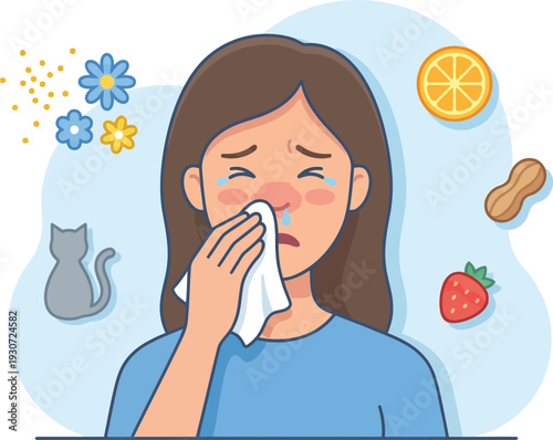 Woman Suffering from Seasonal Allergy Symptoms – Pollen, Pet Dander and Food Allergens Flat Vector Illustration