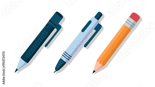 A flat isometric illustration of three writing implements arranged in a horizontal line against a white background (4)_traced