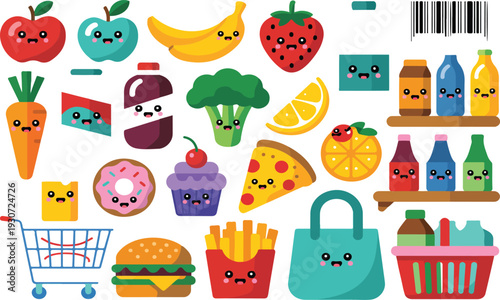 Cute Supermarket Food Character Vector Set with Fruits, Vegetables, Snacks, Drinks and Colorful Kawaii Grocery Icons
