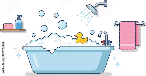 Foam Bathtub with Bubbles, Rubber Duck and Towel – Bathroom Interior Flat Vector Illustration 