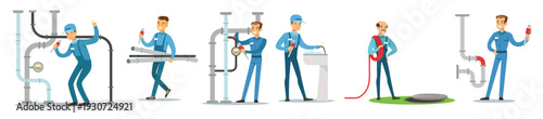 professional plumbers handymen in blue uniform repairing
