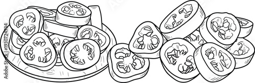 Sliced tomatoes on plate and scattered pile fresh red vegetables hand drawn sketch