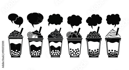 A row of six bubble tea drinks in black showcasing varied toppings and cup designs silhouette high quality professional detailed