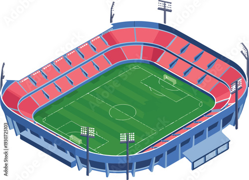 Isometric Soccer Stadium Vector Illustration with Green Football Field, Seating Stands and Floodlights for Sports Tournament Concept