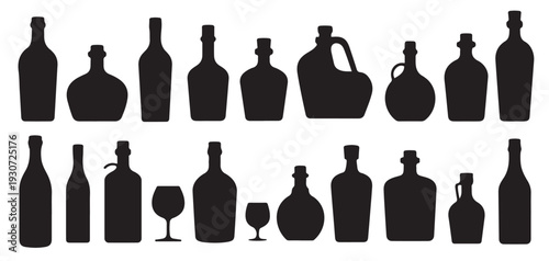 Set of Vector Black silhouettes and white bottles of alcohol in different styles. with white