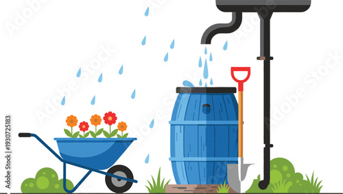 Flat vector illustration of a rainwater harvesting system with a blue barrel collecting water from a gutter next to a flower wheelbarrow.