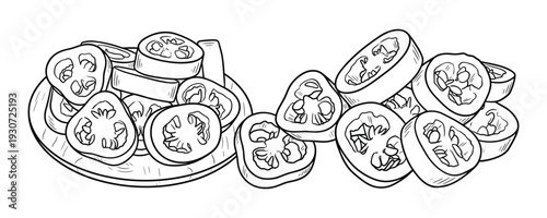 Sliced tomato pieces hand drawn engraving style illustration isolated on transparent grid