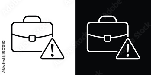 Business briefcase icon with a triangle warning exclamation mark symbol. Professional line art representing work error, deadline alert, job risk, or important career notification.