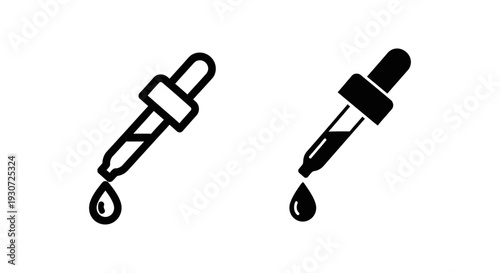 Dropper icon with falling drop in outline and filled versions, symbolizing liquid, science, and measurement.