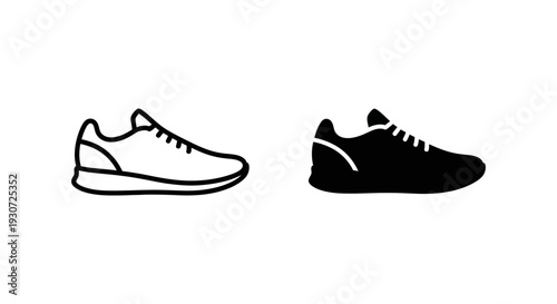 Simple black and white icons of a running shoe or sneaker, symbolizing fitness, sport, and active lifestyle for design.
