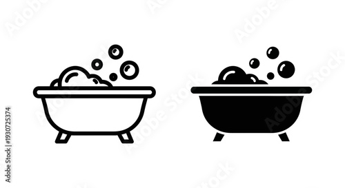 Bathtub with bubbles in black and white outline and solid silhouette, symbolizing hygiene, relaxation, and bathing.