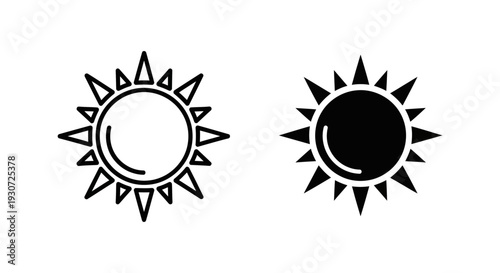 Sun icons in black and white outline and silhouette, representing daytime, weather, and summer for graphic design.