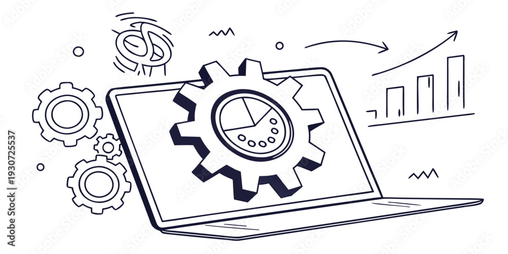 Fototapeta premium Illustration of a laptop with gears and charts representing technology and business.
