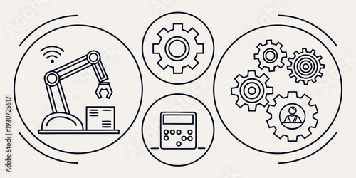 Industrial automation with robotics, gears, and computer interface