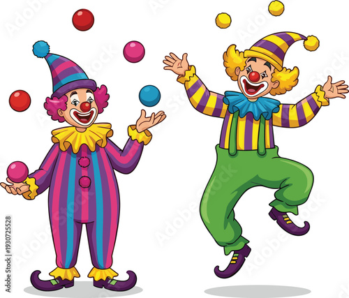 Cartoon clowns juggling colorful balls, circus entertainment, playful performance, children fun, comedy show, carnival characters, joyful celebration, amusement, festival