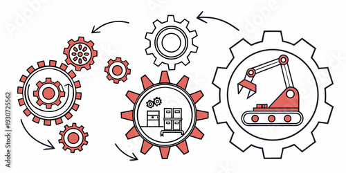 Intricate mechanical gears and tools with a central red and white hard hat