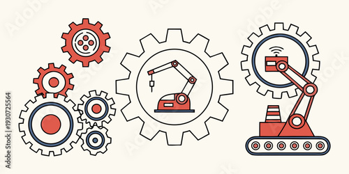 Illustration of interconnected gears and construction equipment representing industry and machinery.