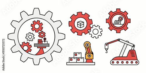 A collection of gears and machinery icons representing industrial automation and robotics