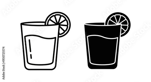Glass of liquid with a lemon slice, presented as both an outline and a solid black icon for beverage and refreshment concepts.