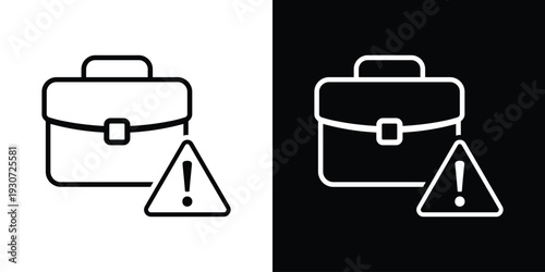 Business briefcase icon with a triangle warning exclamation mark symbol. Professional line art representing work error, deadline alert, job risk, or important career notification.
