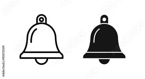 Bell icon duality: a clear outline and a solid black version representing alerts, notifications, or vintage charm.