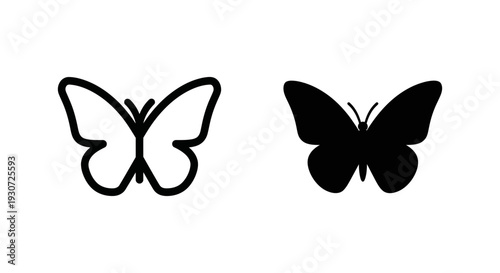 Two stylized butterfly icons, one outlined and one solid black, on a white background, representing simplicity and elegance.